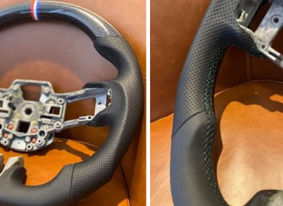 Custom design steering wheel- By Eximius. Tri-bar racing stripe. Carbon and Leather. For the Mustang bullitt.