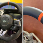 Custom design steering wheel- By Eximius. Alcantara and Leather. Orange Mustang.