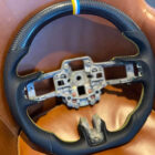 Custom design steering wheel- By Eximius. Leather and Carbon - Stripe Yellow, white and blue. For Yellow Mustang.