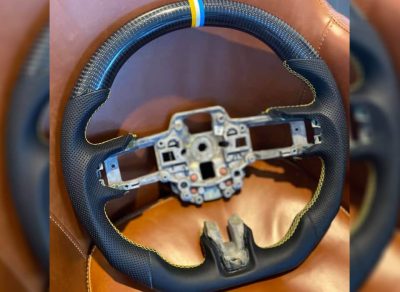 Custom design steering wheel- By Eximius. Leather and Carbon - Stripe Yellow, white and blue. For Yellow Mustang.